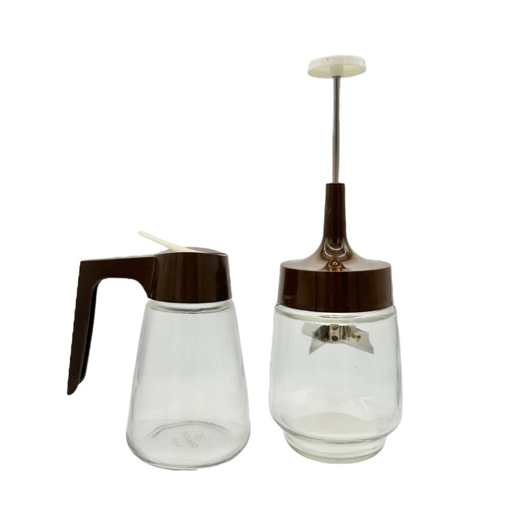 Vintage Gemco Syrup Dispenser and Nut Food Chopper with Brown Lids Glass Bodies